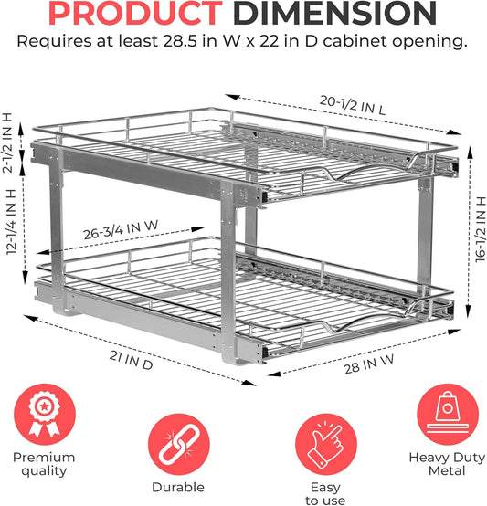 HOLDN’ STORAGE Two Tier Pull Out Cabinet Organizer, Individual Sliding Drawers - Heavy Duty Metal with Lifetime Limited Warranty - Anti Rust Chrome Finish - 28" W x 21”D x 16.5" H