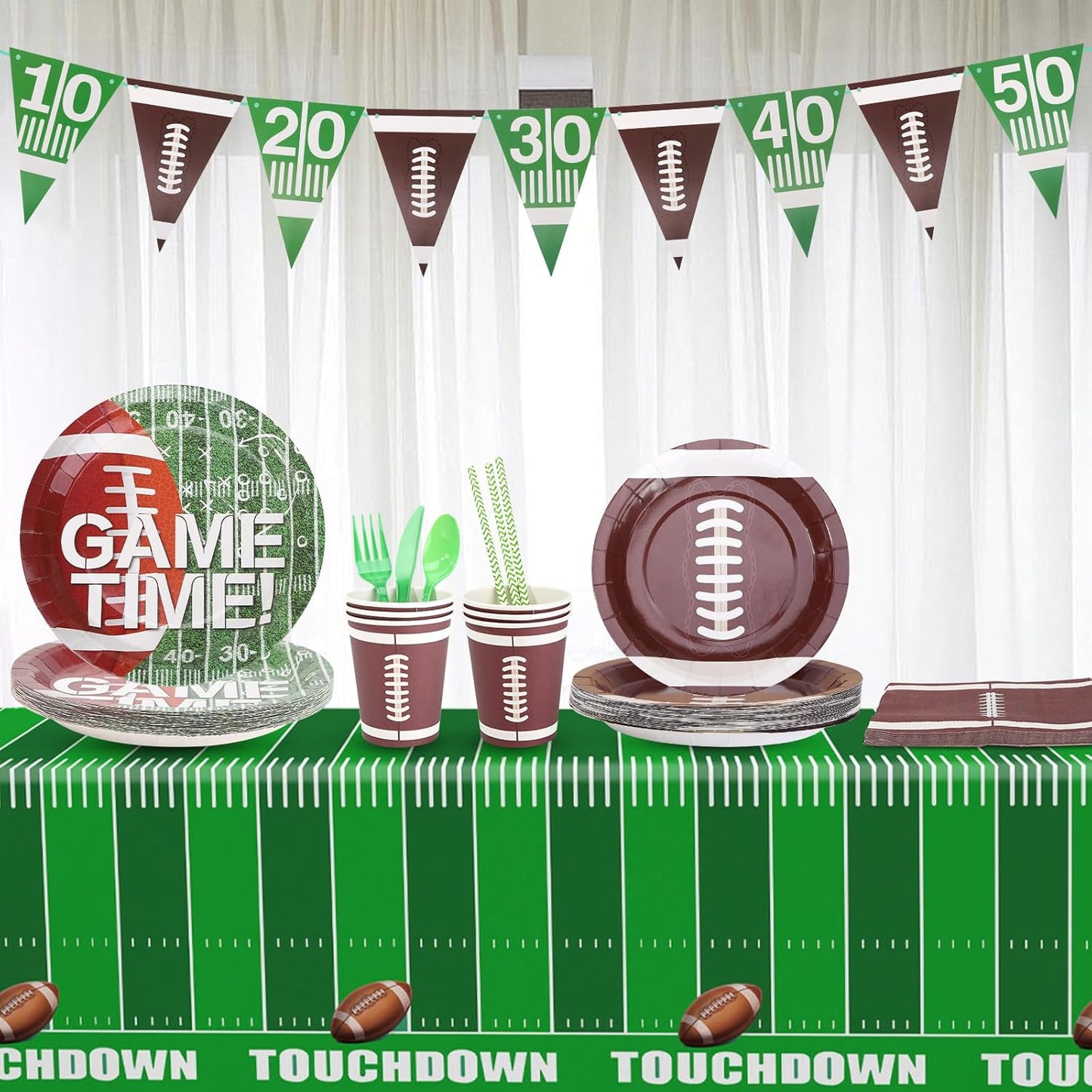 Football Plates and Napkins Sets Sports Paper Plates,Football Birthday Party Supplies Disposable Tableware Sets Rugby Plate with Touchdown Tablecloth for Gameday Tailgate Party Decorations Serve 24