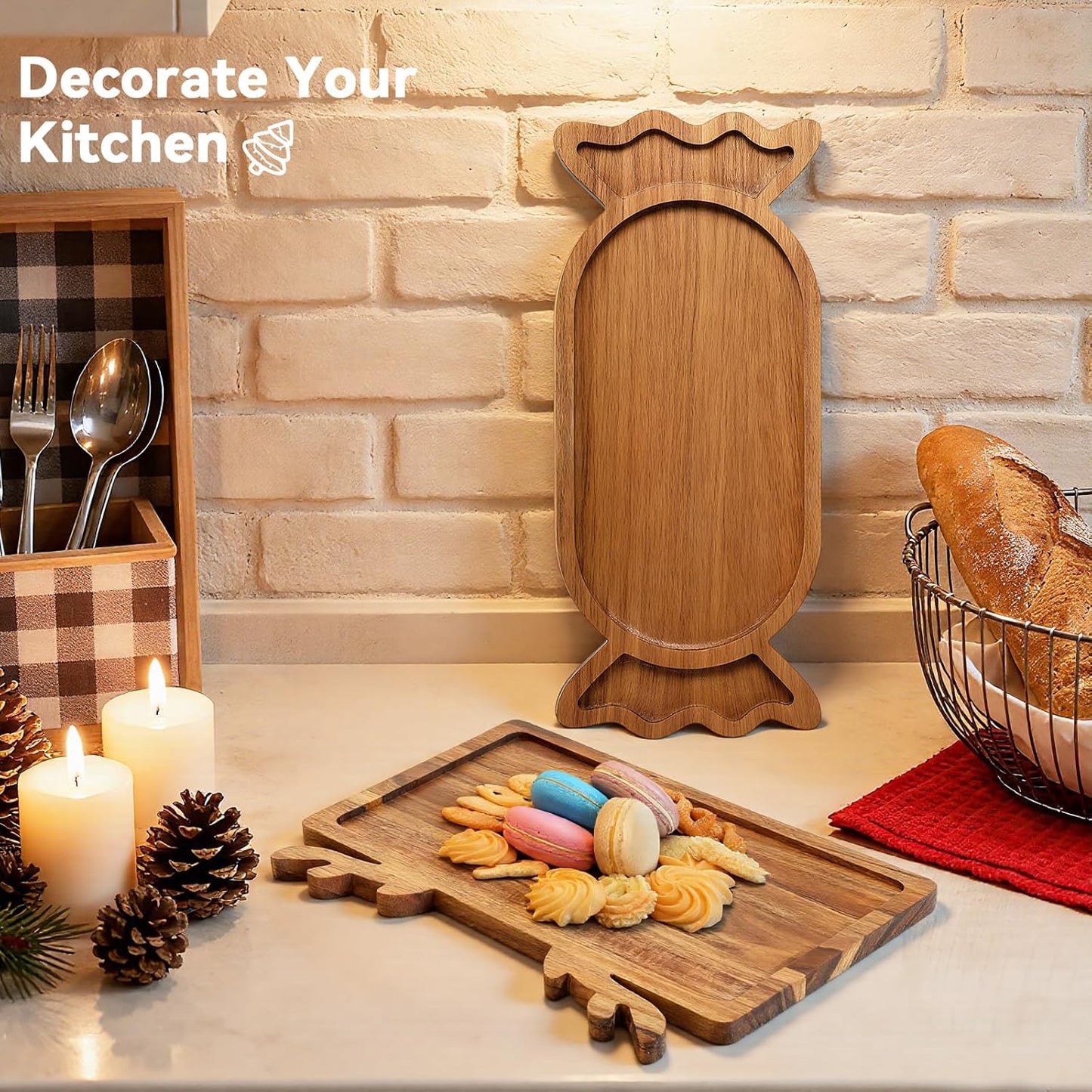 2 Pcs Christmas Charcuterie Boards, Antler & Candy Wooden Cutting Board with Handle, Acacia Wood Christmas Serving Tray for Cheese Fruit Bread Salad Vegetables Snack Dessert