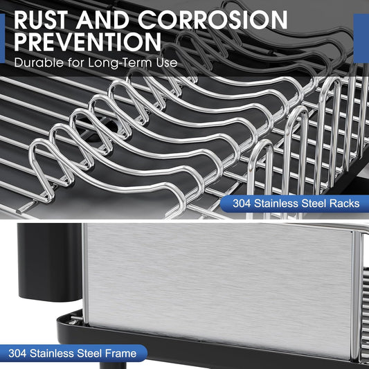 Stainless Steel Dish Drying Rack - Large Capcity 304 Grade Dish Drainer for Kitchen Counter with Drain Board, Utensil Holder & Detachable Cup Shelf, Rustproof Multifunctional Organizer