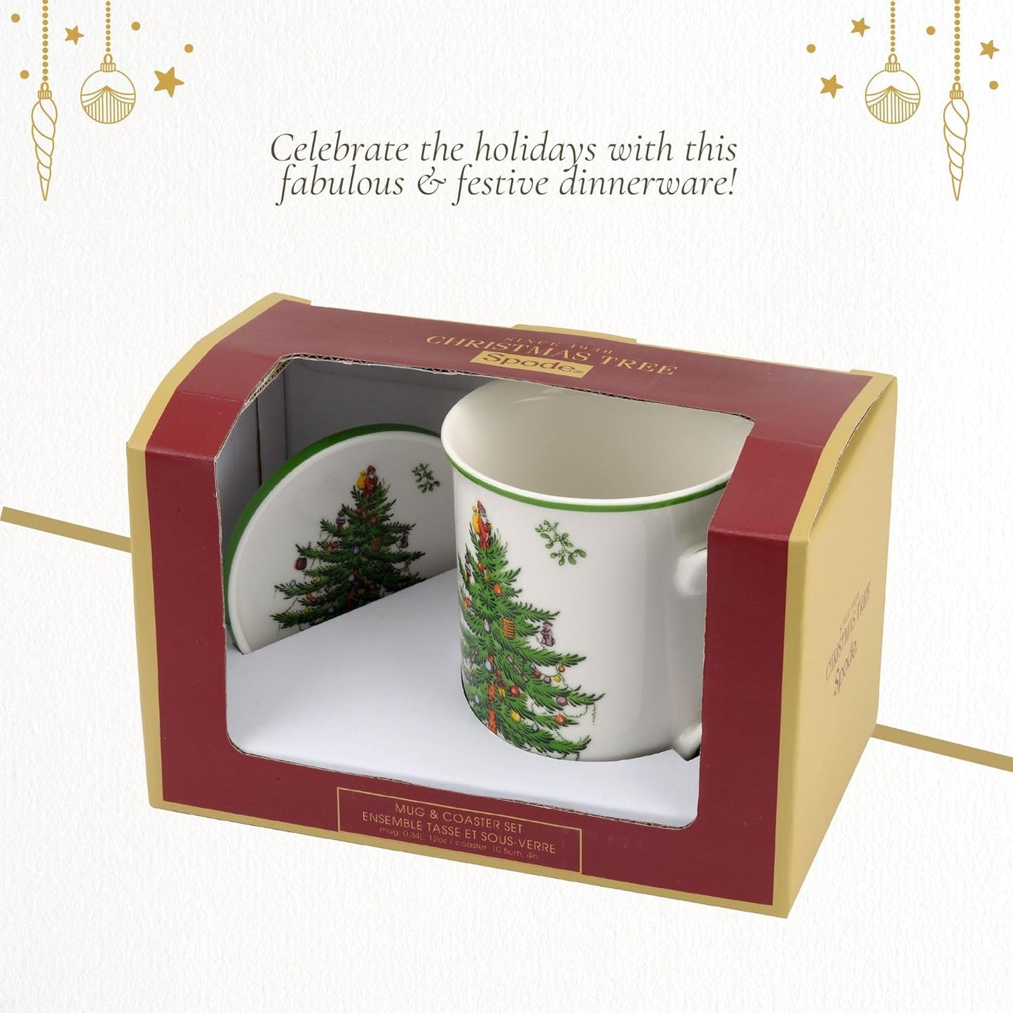 Spode Christmas Tree 12 oz Mug & Coaster Set - Holiday Coffee Cup, Tea Cup, Hot Chocolate Mug, Christmas Drinkware, Festive Tableware, Holiday Gift - Fine Porcelain, Dishwasher & Microwave Safe