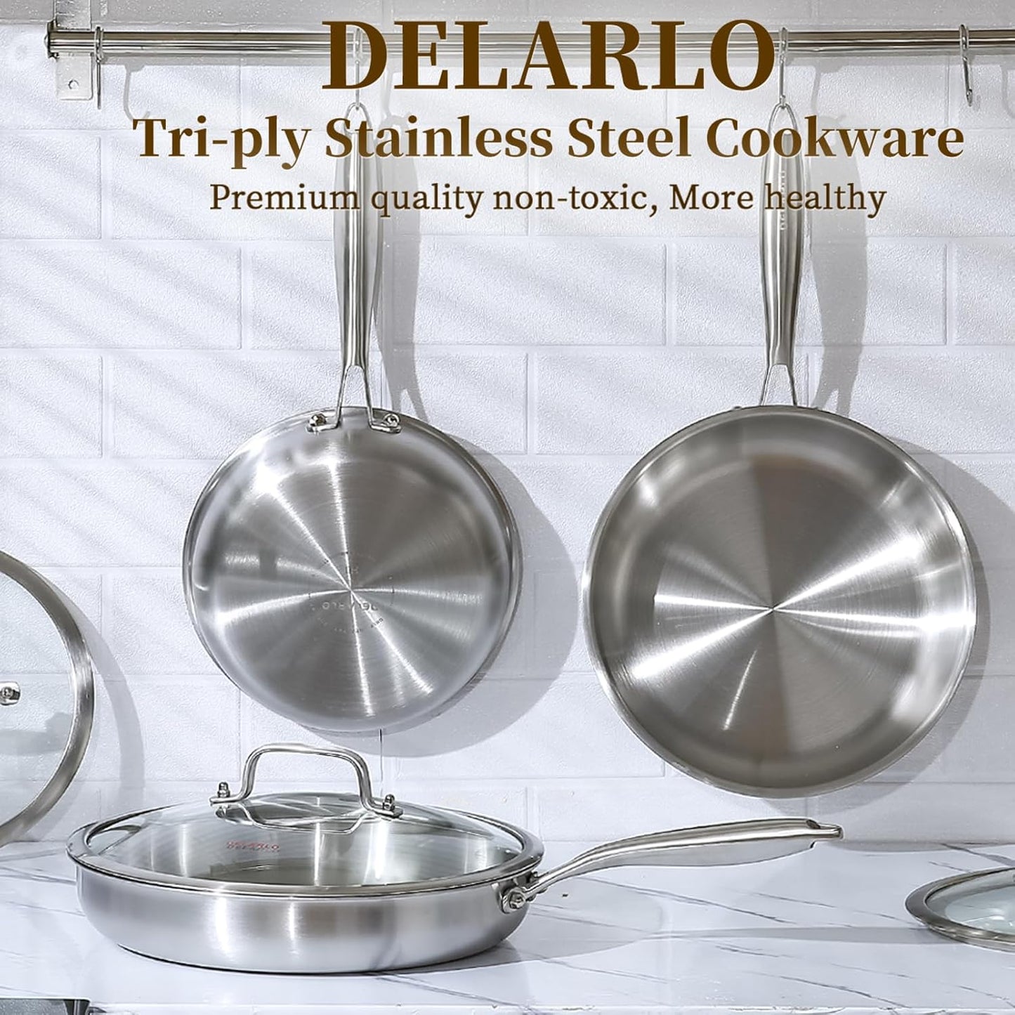 DELARLO Tri-Ply Stainless Steel Frying Pan丨9 inch Skillet with Lid丨All Cooktops Compatible Up to 600℉丨Enegry Saving丨Kitchen Egg Skillet 9" 丨Durable丨Everything Pan丨Omelet Pans for Kitchen Cooking