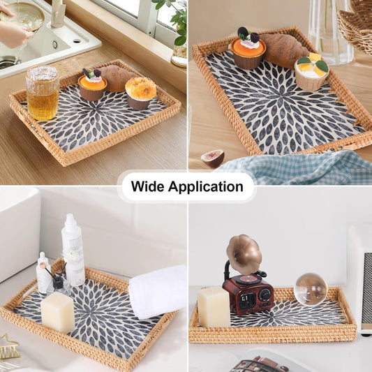 Rectangle Rattan Tray with Mother of Pearl Inlay, Rattan Serving Tray with Handle for Coffee, Bread, Fruits, Snacks, Decorative Wicker Tray for Table Decor (Rectangle Dark Blue Leaf, 13"×9")