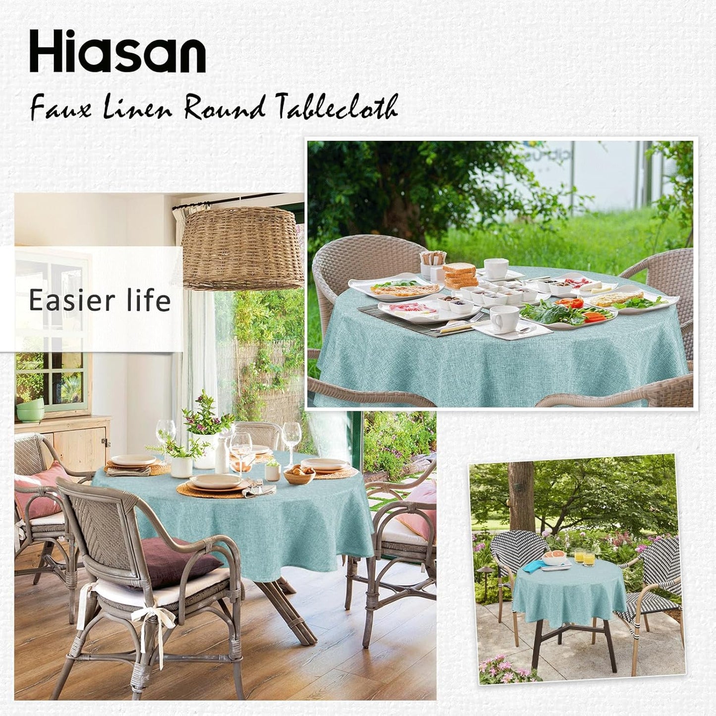 Hiasan Linen Tablecloth 70 Inch Round - Wrinkle and Stain Resistant Washable Polyester Fabric Table Cloth for Dining Room Kitchen Party, Aqua
