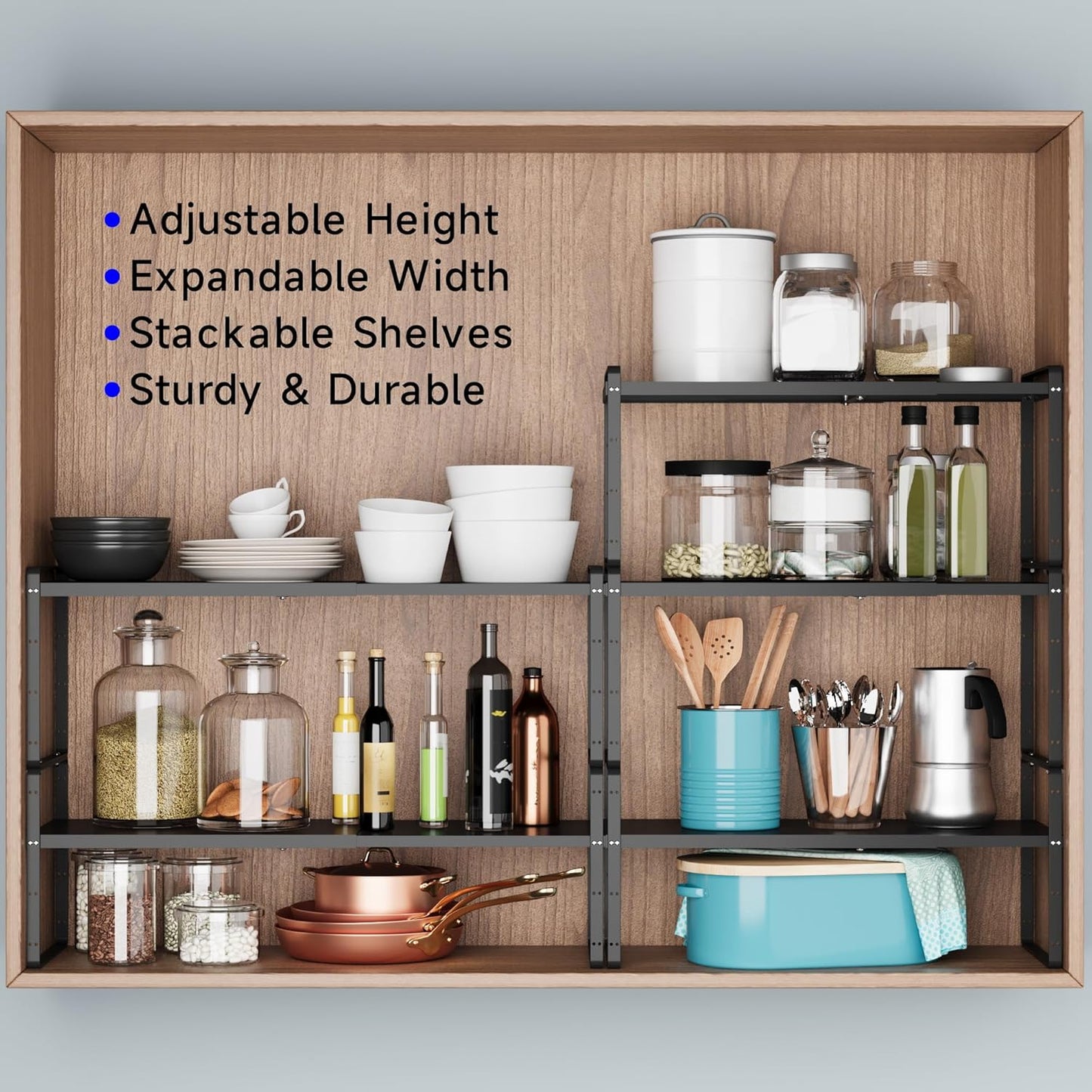 Expandable Cabinet Shelf Organizer, Stackable Kitchen Pantry Counter Storage, Adjustable Cupboard Stand Rack Risers Spice Organization Heavy Duty Black Small 3 Pack