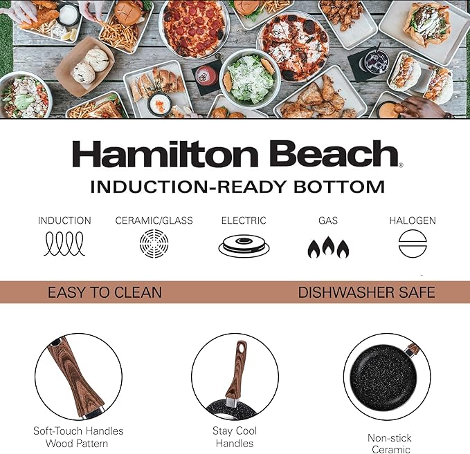 Hamilton Beach Fry Pan 10-Inch, Nonstick with Marble Coating, Wood like Soft Touch Handle, Non-Stick Granite Fry Pan Egg Pan Omelet Pans, Stone Cookware Chef's Pan, PFOA Free Induction Bottom