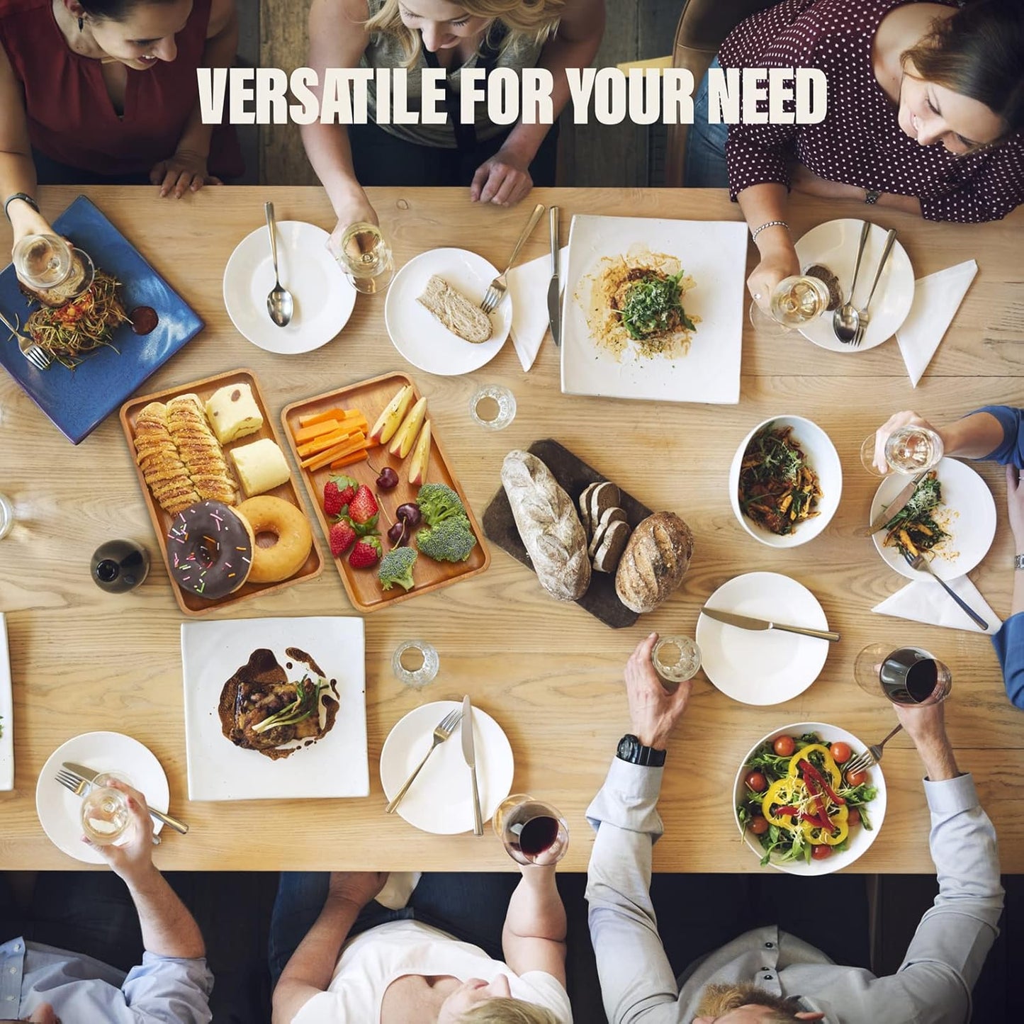 1 pcs 15"x 10" Solid Acacia Wood Serving Tray Rectangular Wooden Serving Platter Natural Wooden Board for Bar Coffee Party