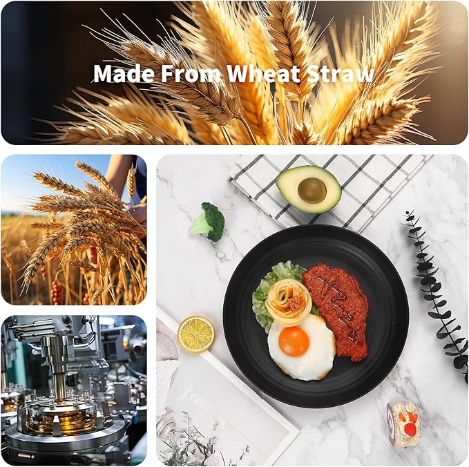 Lazycorner 48-Pcs Kitchen Wheat Straw Dinnerware Set, Service for 8, Plastic Reuasble Dinner Dishes Serving Plate Set for Kitchen, Including Dinner Plate, Dessert Plate, Bowl, Cup(Black)