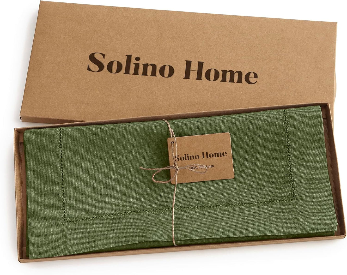 Solino Home Linen Olive Table Runner 90 Inches Long - 100% Pure Linen 14 x 90 Inch Table Runner for Fall, Autumn, Thanksgiving - Classic Hemstitch
