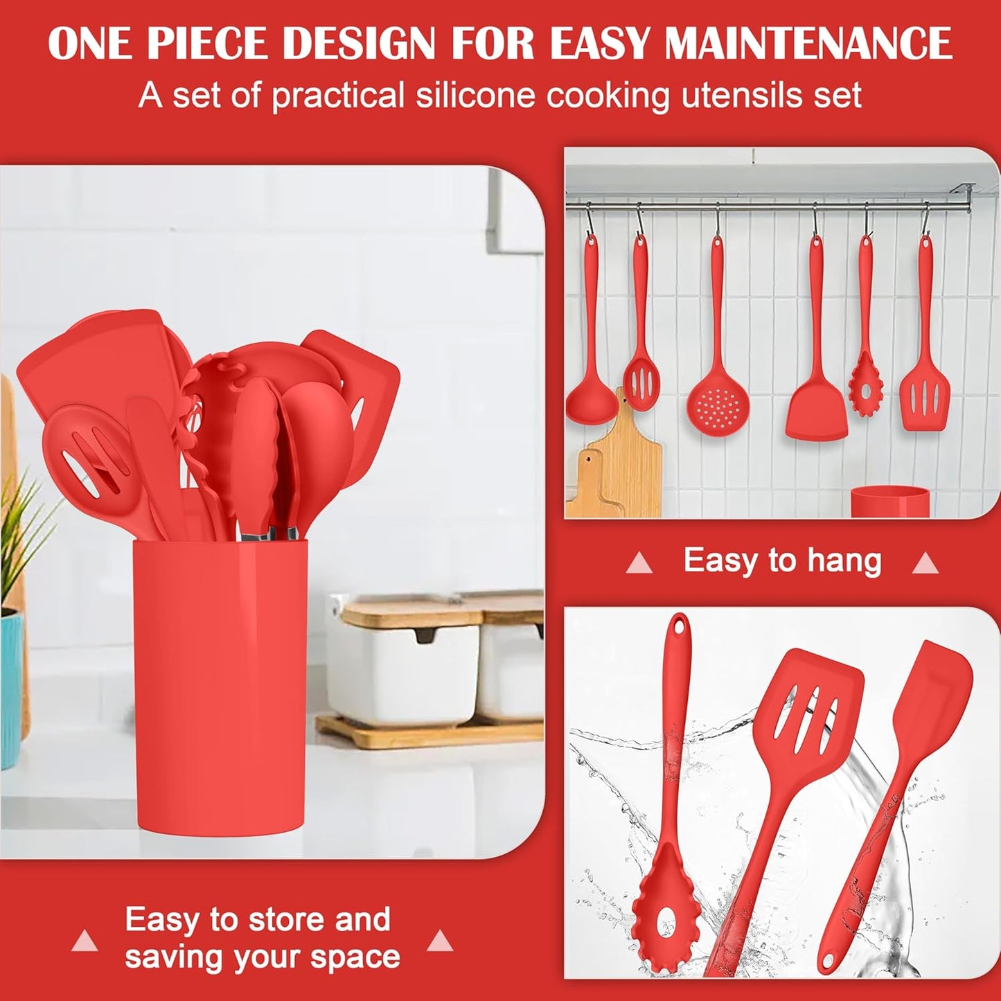 HaWare Kitchen Utensils, 14 PCS Silicone Cooking Utensils Set, Heat Resistant Kitchen Utensils for Non-stick Cookware, Kitchen Gadgets Tools with Spoons, Spatulas, Whisk, Dishwasher Safe (Red)