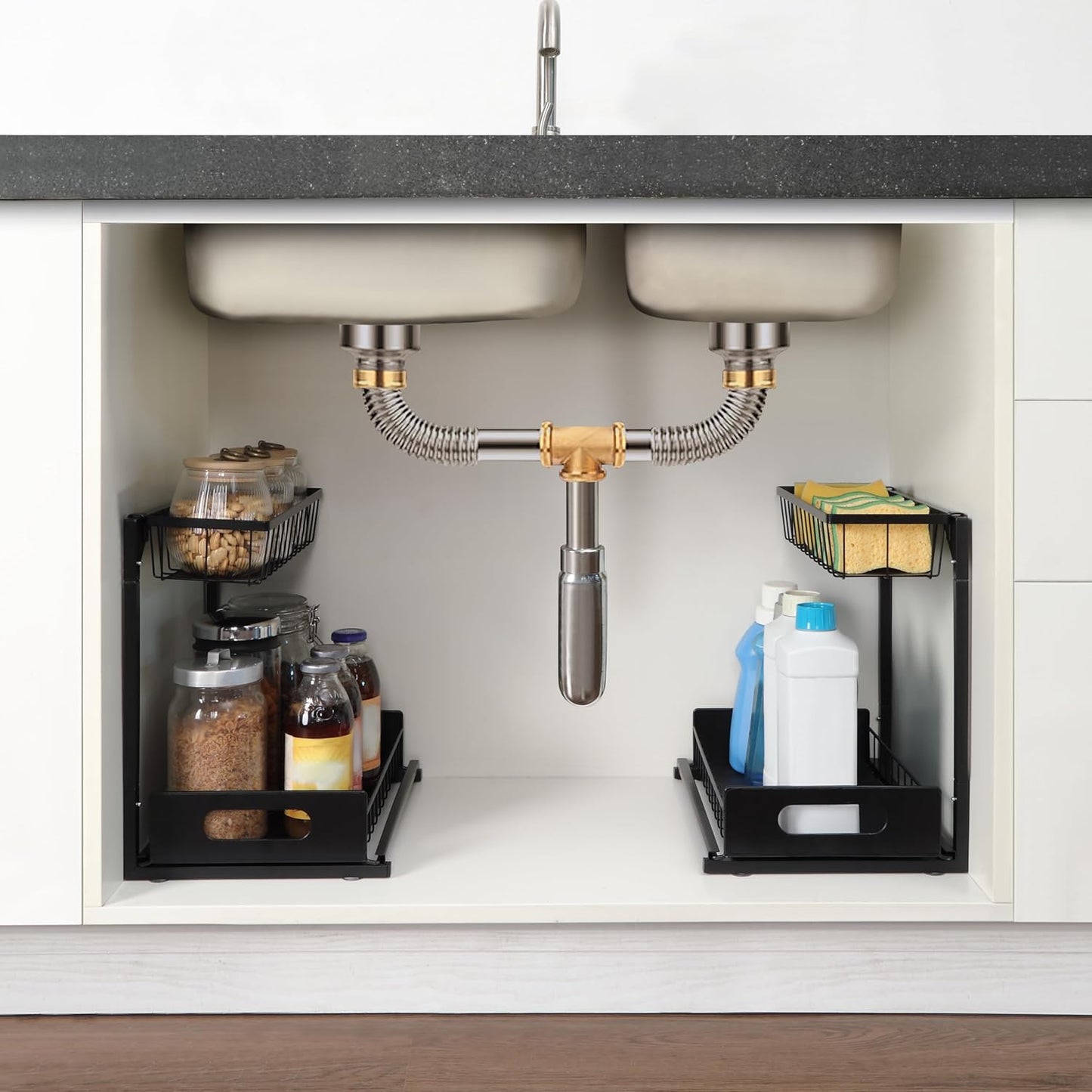 Amazon Basics L-Shape Under Sink Storage Pull Out Cabinet Organizer, Black, Pack of 2