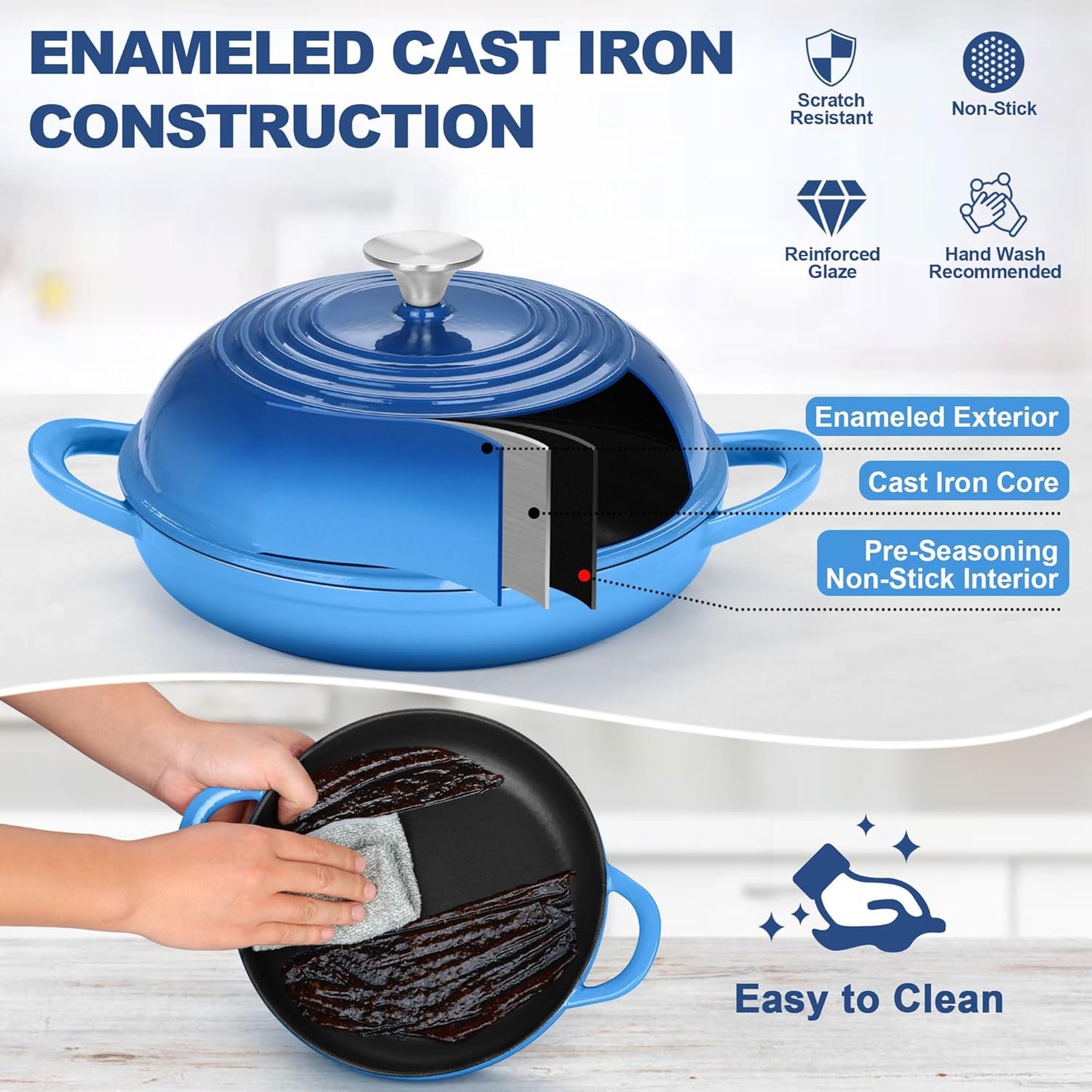 TeamFar Cast Iron Bread Dutch Oven, 6 Qt Enameled Dutch Oven Pot for Sourdough Bread Baking, with Tall Dome Lid & Round Base Pan, Self-Basting & Even-Heating, Heavy-Duty & Non-stick, Blue