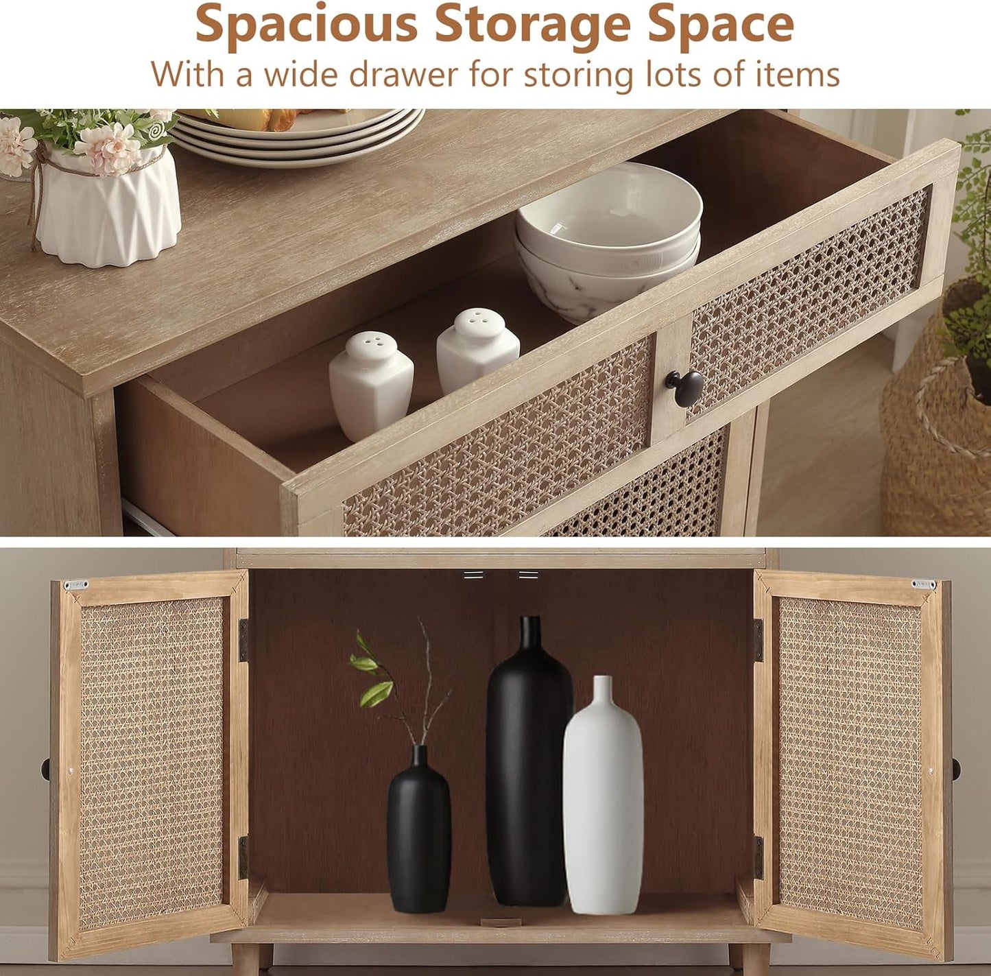 Sideboard Buffet Cabinet, Rattan Storage Cabinet with 2 Doors and Removable Shelf, Farmhouse Decor with Drawers for Living Room, Entryway, Hallway, Kitchen, Dining Room