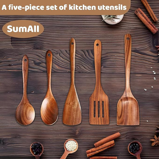 5 PCs Teak Wooden Utensil Set with Hooks, Wooden Spoons for Cooking, Wood Cooking Utensils Set, Comfort Grip, Non Stick Cookware, Easy to Clean, Kitchen Stuff, Wood Spatula