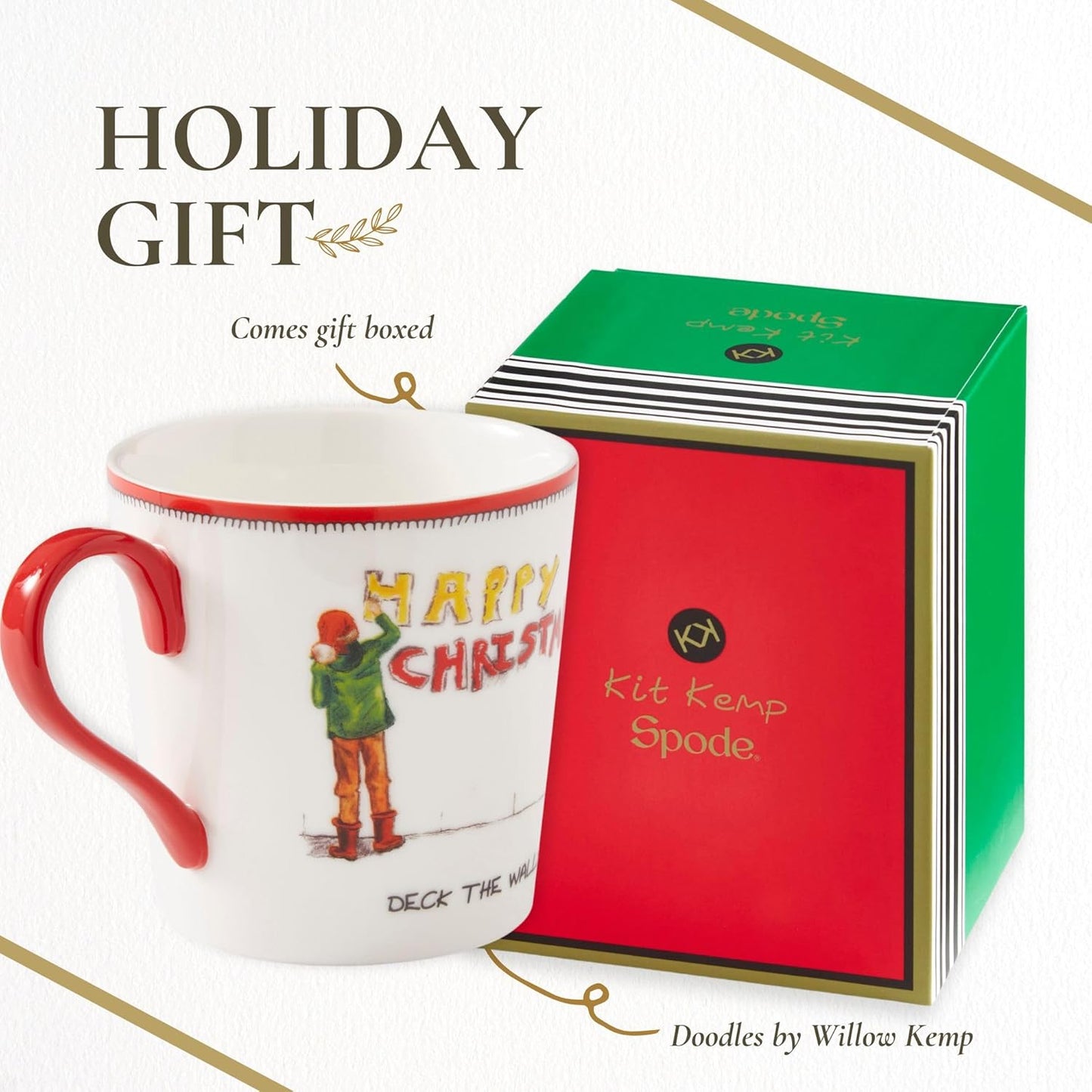 Spode Kit Kemp 12oz Festive Christmas Mug - Deck The Halls Doodle Mug, Fine China Dishwasher Safe Holiday Coffee Mug with Handle for Cocoa, Tea, Gifts - A Cheerful Christmas Essential