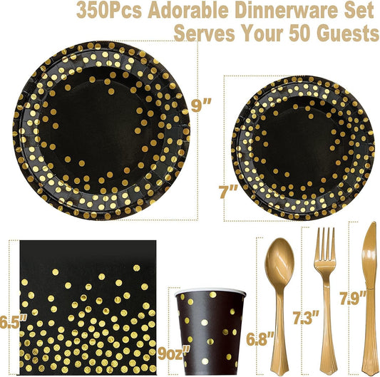 AIRE 350PCS Black Gold Paper Plates Party Supplies Dinnerware Sets for 50 Guests, Disposable Paper Party Plates, Dessert Plates, Cups, Napkins, Plastic Spoons, Forks, Knives for Wedding Birthday