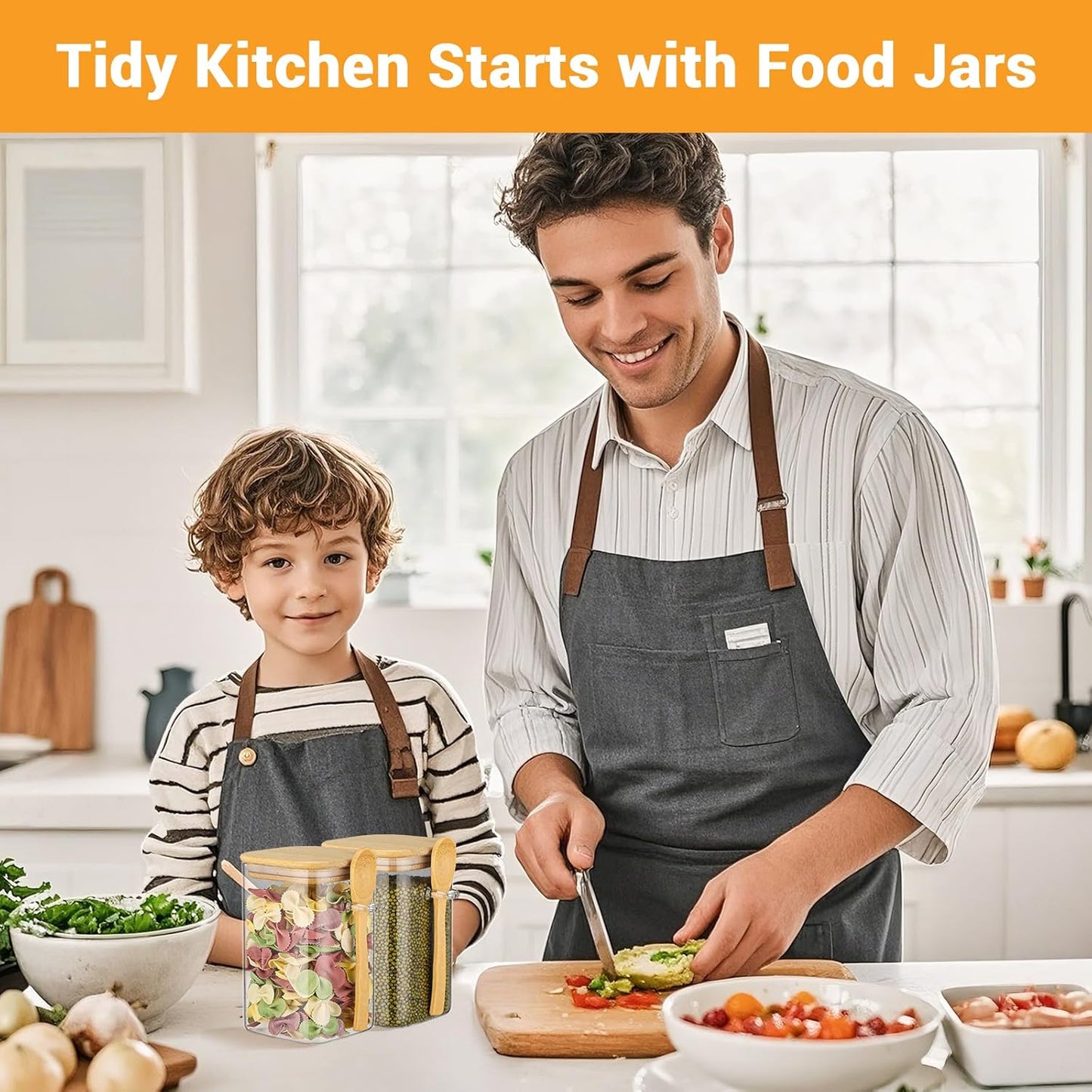 Glass Jars with Bamboo Lids and Spoons - 2 Pack 37 Fl.oz Square Glass Flour Sugar Containers Set, Includes Labels and Marker, Large Kitchen Canisters with Airtight Lid for Cereal, Rice, Bean