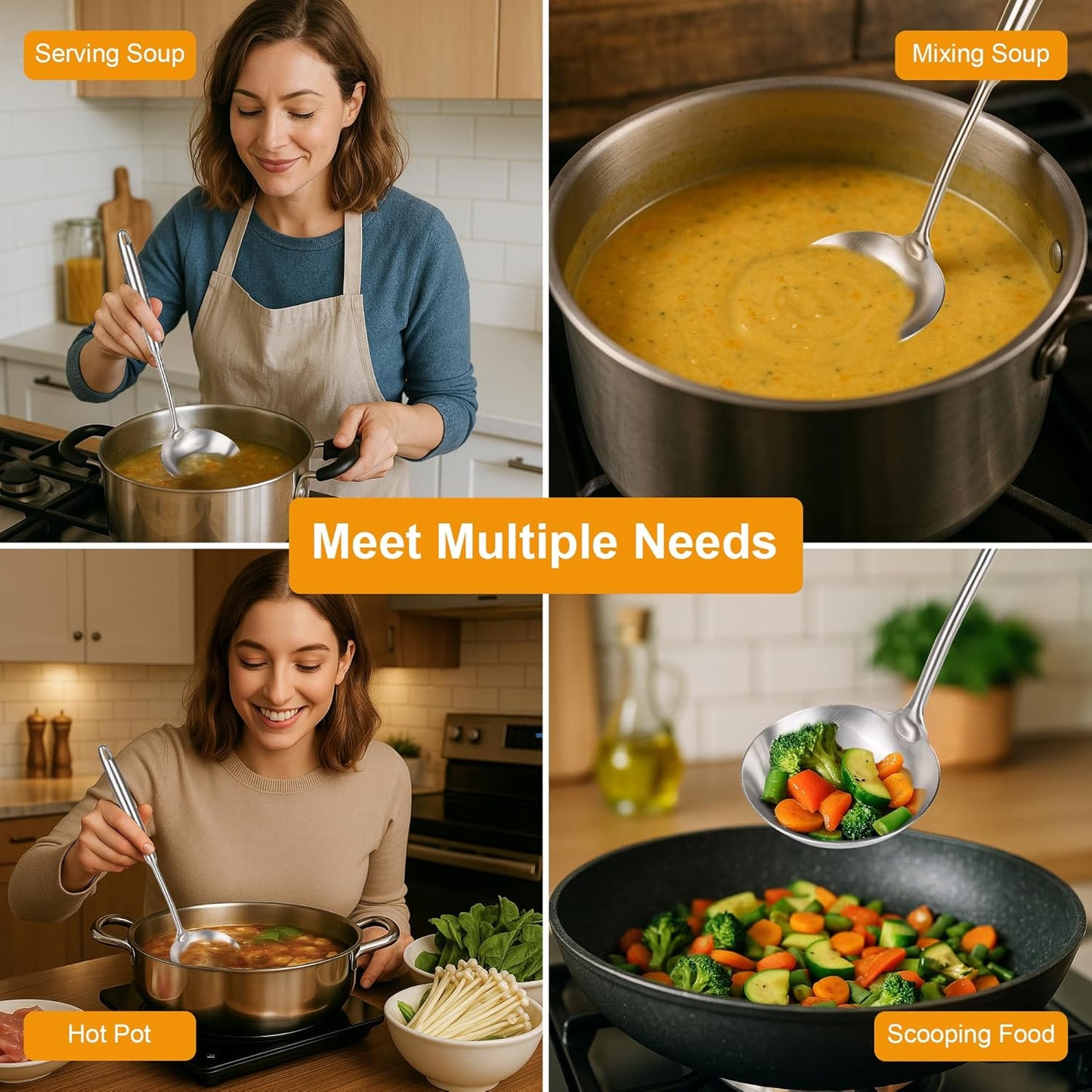 FJNATINH Soup Ladle Stainless Steel, Food Grade Metal Kitchen Ladle Spoon for Canning Soups Sauces, Easy to Clean, 15 Inches