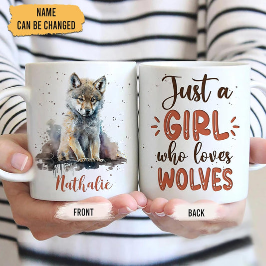 Hyturtle Personalized Gifts Wolf Lover - Just A Girl Who Loves Wolves Custom Name Ceramic Coffee Mug Cup 11oz - Idea Cute Animal Lover Gifts For Women, Girl Daughter On Birthday, Christmas