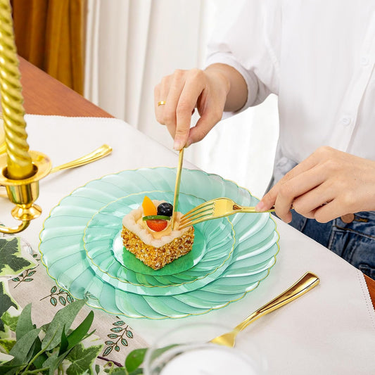 YOUBET 125PCS Clear Green Plastic Plates with Gold Rim - Green and Gold Plastic Plates Include 25 Dinner Plate 25 Dessert Plate 75 Disposable Silverwares for Wedding & Party & Christmas