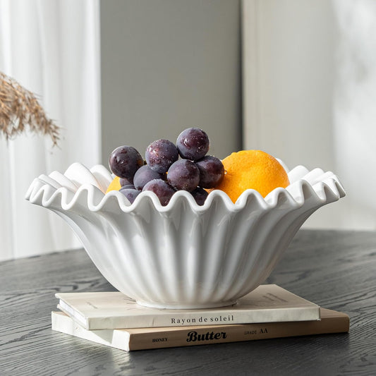 Large Decorative Bowl, 10 inches Porcelain Fruit Bowl for Kitchen Counter HandCrafted Ruffle Bowl for Home Decor Stylish Flower Dish for Party, White