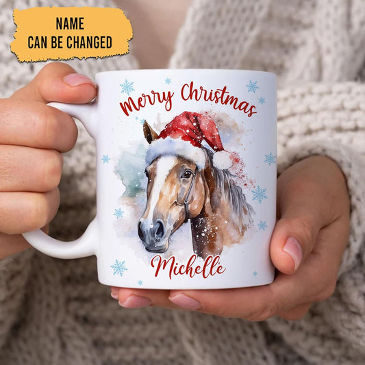 Hyturtle Personalized Gifts Horse Lover - Horse Wearing Santa Hat Custom Name Ceramic Coffee Mug Cup 11oz - Cute Animal Lovers Gifts For Women, Girl kids Family On Birthday, Christmas