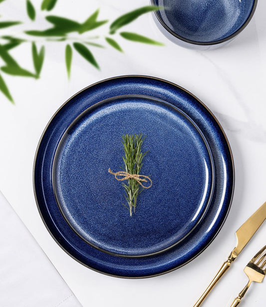 TheTerra Ceramic Dinnerware Sets for 4, 12 Pieces Handmade Reactive Glaze Plates and Bowls Set, Scratch Resistant Dish Set, Oven & Microwave & Dishwasher Safe, Blue