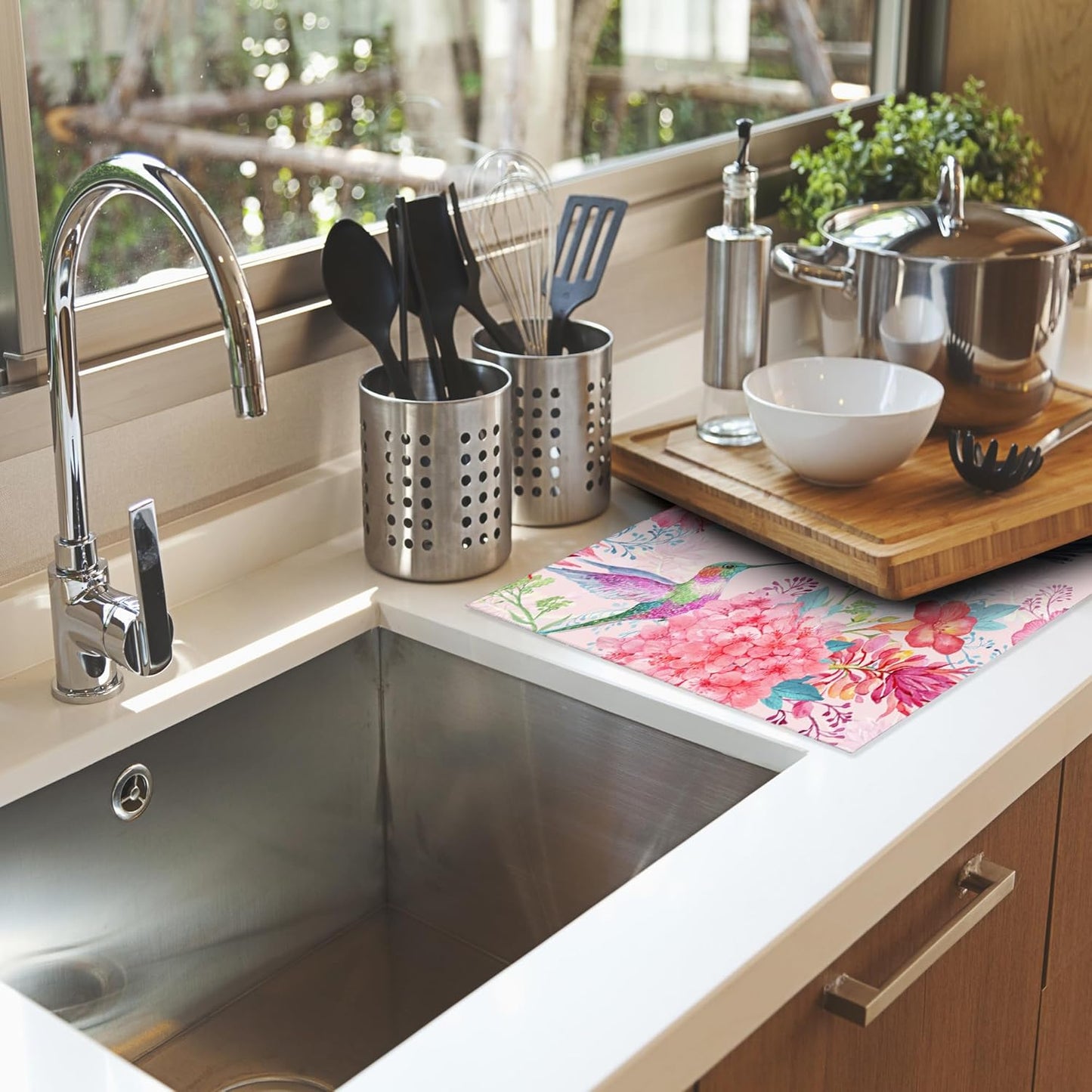 Humming Bird Dish Drying Mats 18x24 Inch,Tropical Flowers Dish Pad Drying Rack Mat for Kitchen Counter Ultra Absorbent Microfiber Dishware Coffee Maker Bar Countertop Decor