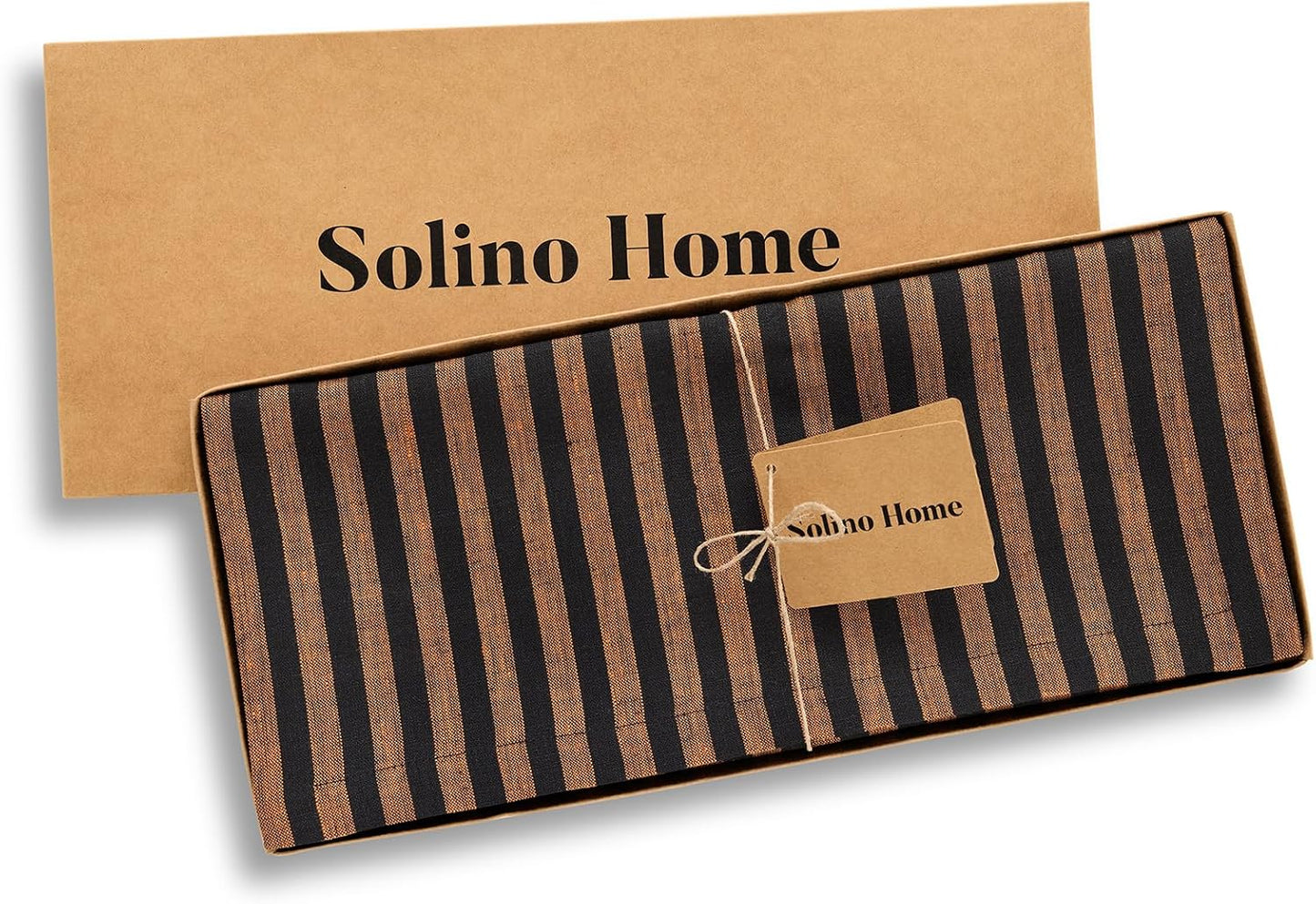 Solino Home Table Runner 108 Inches Long - Amalfi Stripe, 100% Pure Linen Pumpkin and Black Table Runner 14 x 108 Inch for Dining, Fall, Autumn, Halloween, Thanksgiving