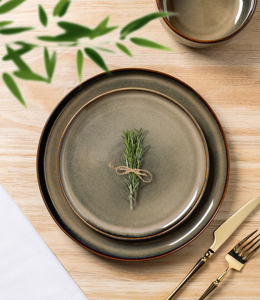TheTerra Ceramic Dinnerware Sets for 6, 18 Pieces Handmade Reactive Glaze Plates and Bowls Set, Scratch Resistant Dish Set, Oven & Microwave & Dishwasher Safe, Coca Mocha