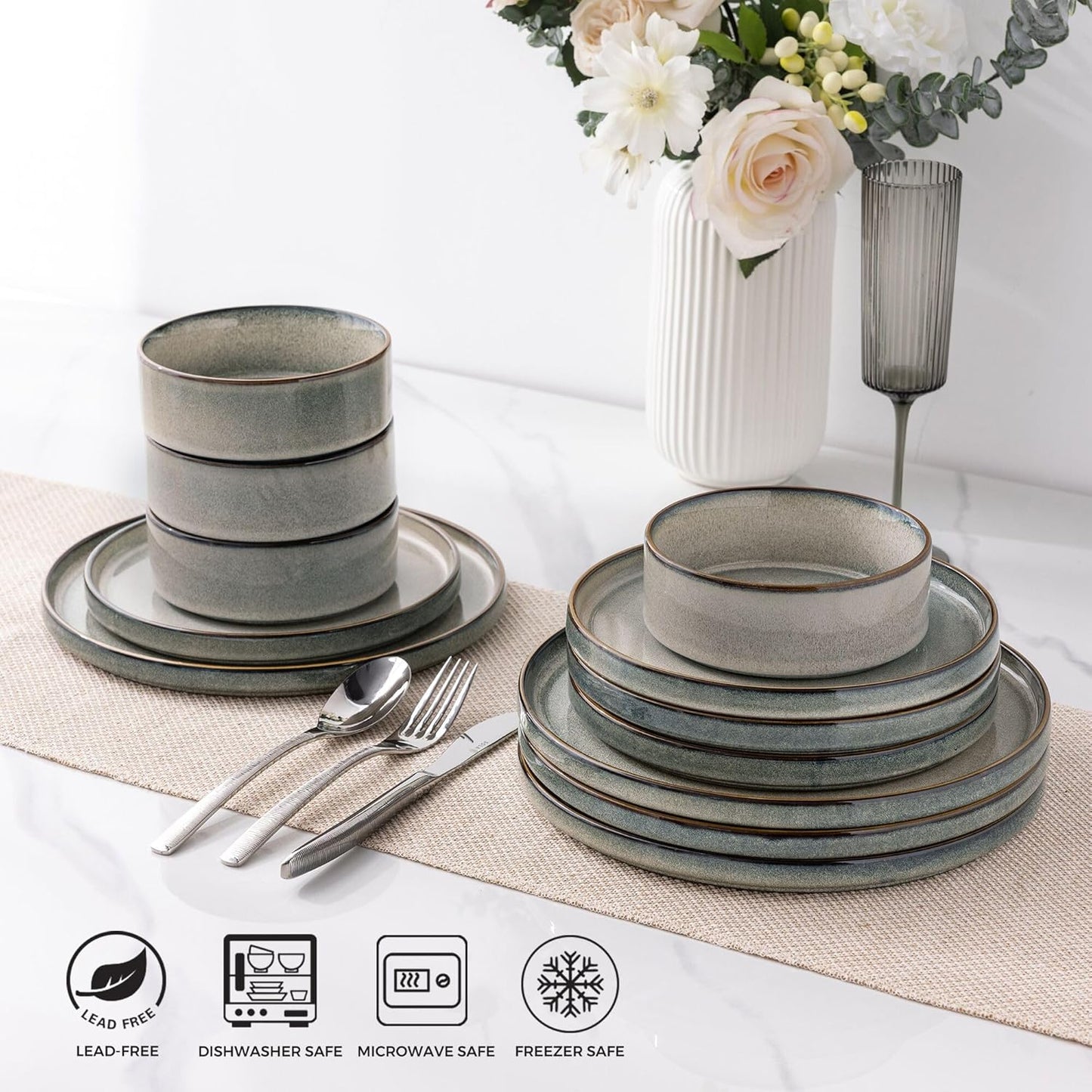 GBHOME Ceramic Dinnerware Sets for 8, 24 Pieces Stoneware Plates and Bowls Sets, Reactive Glaze Stackable Dish Set -Scratch Resistant, Dishwasher&Microwave Safe