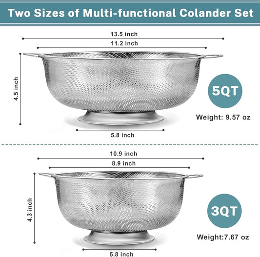 Pleafind 18/8 Stainless Steel Colander for Kitchen - 5 qt and 3 qt, Micro-Perforated Metal Colander Strainer with Handle, Solid Base Pasta Strainer, Rust-Resistant & Dishwasher Safe