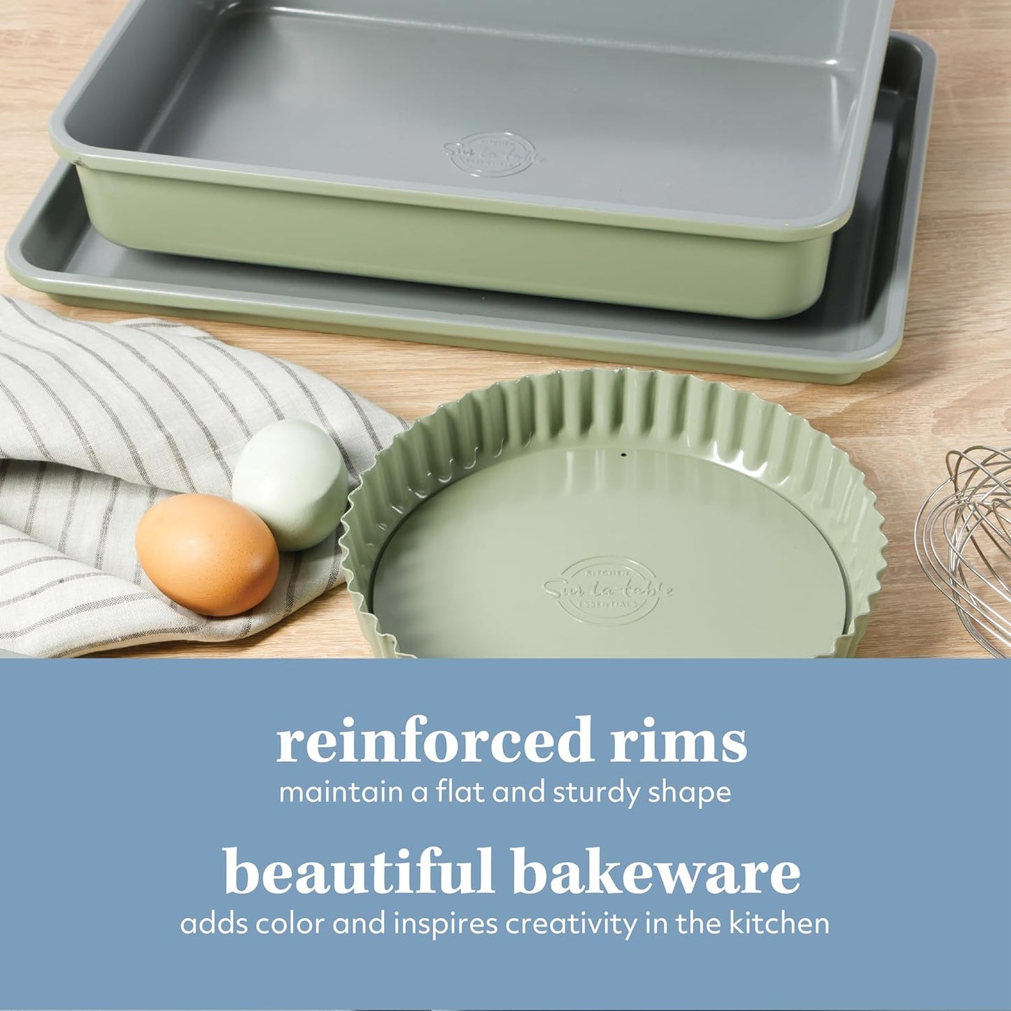 Sur La Table Kitchen Essential Carbon Steel Baking Pans Bakeware Set W/Premium PFOA, PFAS, PTFE Free Grey Non stick - Juniper Green Exterior