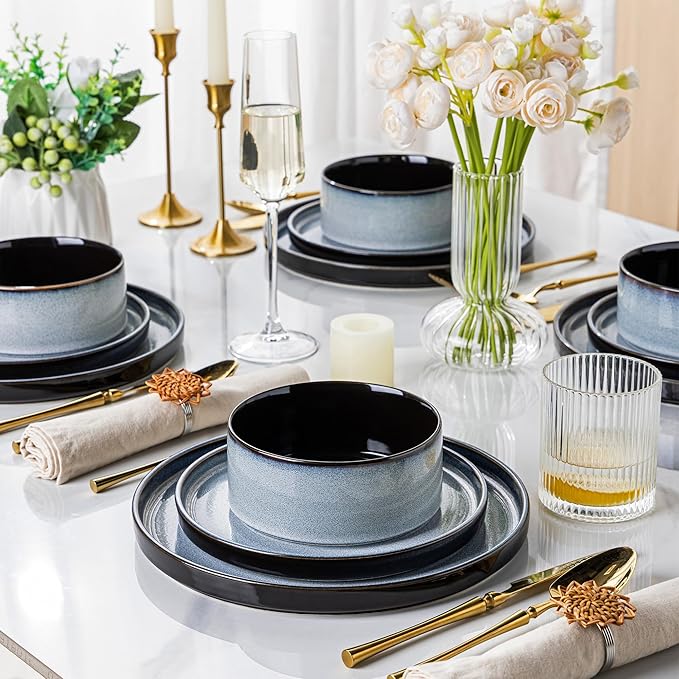 LERATIO Ceramic Dinnerware Sets for 4,Round Reactive Glaze Ceramic Plates and Bowls Set | Dishwasher & Microwave Safe Dishes Set,Service for 4 (12pc)-Gray White