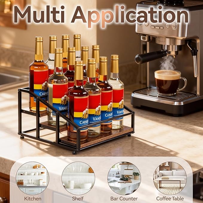 Coffee Syrup Organizer Rack, Liquor Bottle Display Shelf, 3 Tier 12 Syrup Bottles Holder Stand for Coffee Bar Kitchen Small Wine Rack for Family Storage for Syrup Wine Dressing