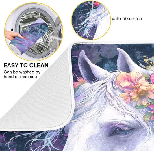 White Horse with Colorful Flowers Dish Drying Mat for Kitchen Counter Super Absorbent Dishes Pad Reversible Microfiber Protector Dish Draining Mats 16x18 inch
