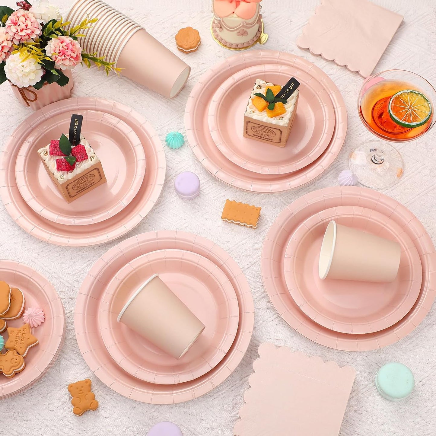 150 Pcs Disposable Party Dinnerware Supplies Set Includes 7'' 9'' Disposable Paper Plates 9oz Paper Cups Scalloped Cocktail Napkins for Baby Shower Birthday Wedding(Light Pink)