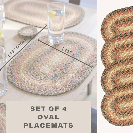 Russet Jute Braided Oval Placemats, Warm Country Decor, Set of 4, 13x19 Multicolor Table Mats - Vibrant Colors, Durable, Easy to Clean and Protects Furniture