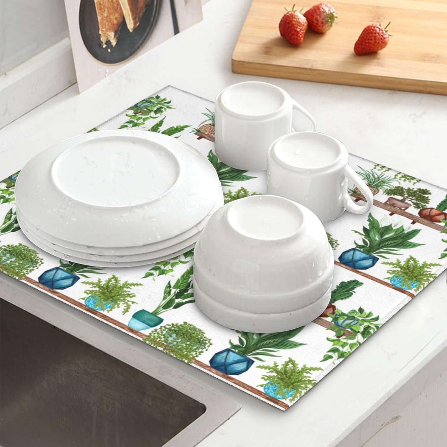 Green Plant Dish Drying Mat for Kitchen Counter Cute Dish Drainer Rack Mats 16"x18" Absorbent Reversible Drying Pad