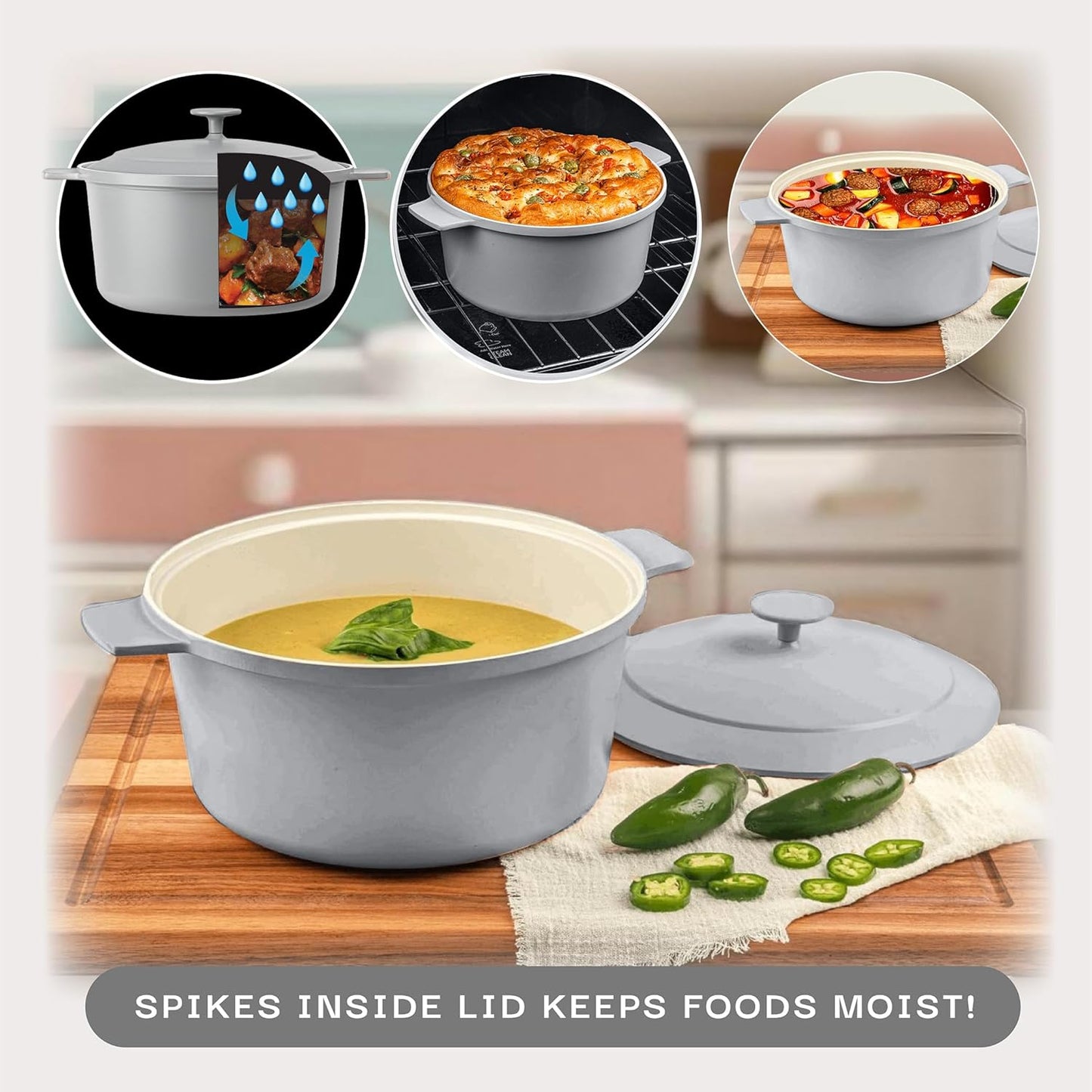 Gotham Steel 5 Qt Dutch Oven Pot with Lid, Nonstick Ceramic 10 in 1 Cooking Pot & Dutch Oven for Bread Baking, Lightweight, Oven & Dishwasher Safe – Gray