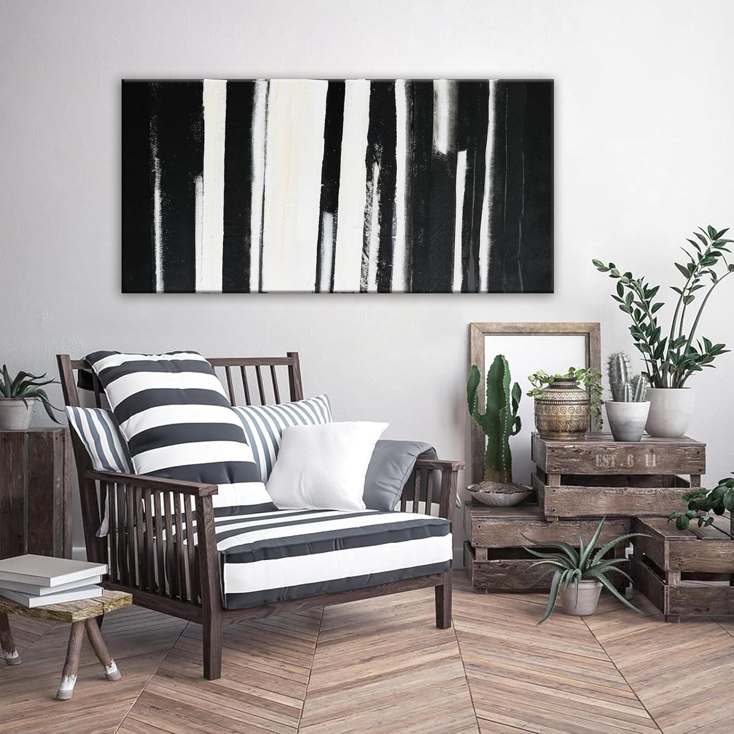 QSQ Abstract Wall Art Decor Modern paintings Wall Decor Wall Art Canvas Prints Black and White Minimalist Stripes Artwork for Living Room Wall Bedroom Kitchen Decor 24"×48"