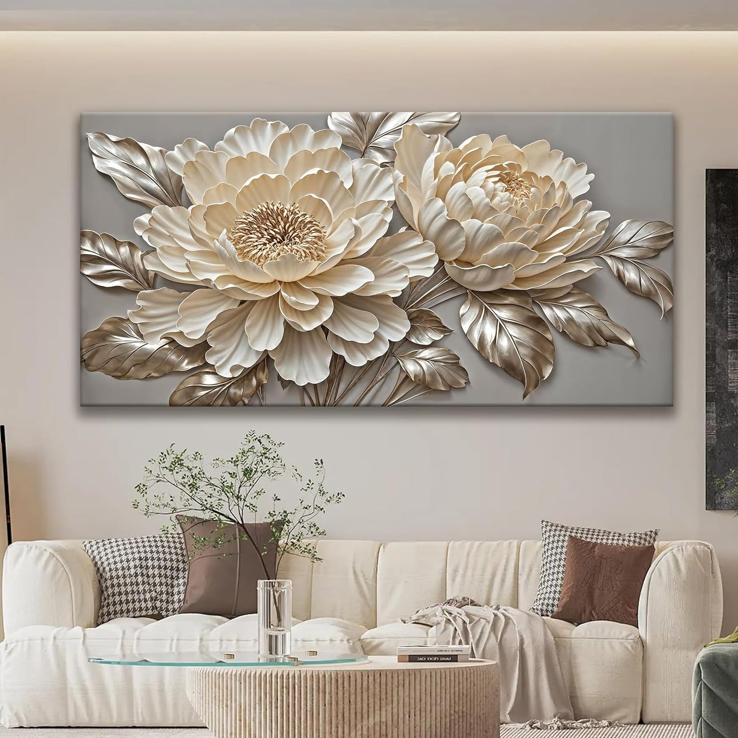 Tsomzxng Large White Wall Art For Living Room Prints Artwork Canvas Art Wall Decor White Flower Wall Art Modern Painting Elegance Wall Decor For Hotel Office Home Decoration 29 X 58 Inch