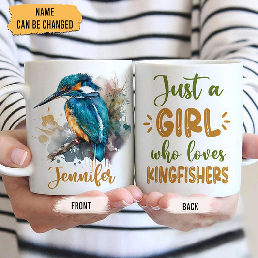 Hyturtle Personalized Gifts Kingfisher Lover - Just A Girl Who Loves Kingfishers Custom Name Ceramic Coffee Mug Cup 11oz - Idea Cute Animal Lover Gifts For Women, Girl Daughter On Birthday, Christmas
