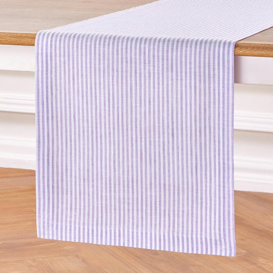 Solino Home Linen Table Runner 90 Inches Long - Narrow Stripe, 100% Pure Linen Lavender and White Farmhouse Table Runner 14 x 90 Inch for Dining, Fall, Autumn, Thanksgiving, Christmas