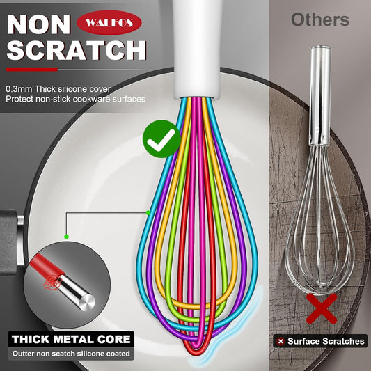 Walfos Whisk,5+7+9+11in Silicone Whisks for Cooking,Rainbow Wisk for Non-Stick Cookware,Balloon Egg Whisks Perfect for Blending,Baking,Beating,Minxing.BPA Safe and Dishwasher safe.Colorful 4pcs.