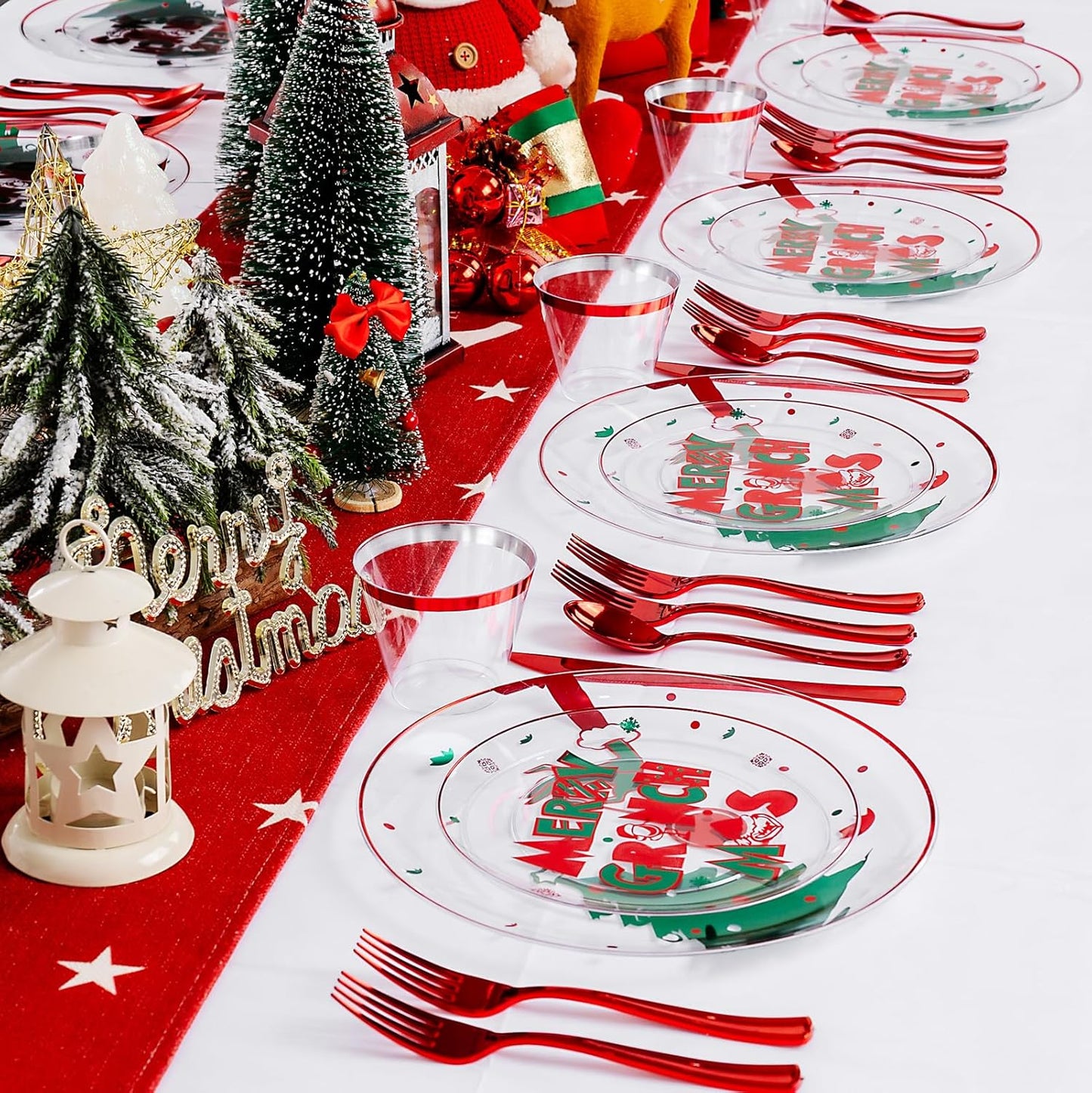 DaYammi 210Pcs Clear Green Monster Plastic Plates Disposable Christmas Dinnerware Set Include 30 Dinner Plates,30 Dessert Platos,30 Forks,30 Knives,30 Spoons,30 Cups,30 Napkins for Christmas Party