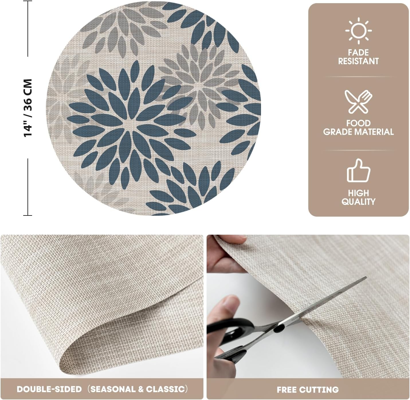 Artoid Mode Navy Dahlia Plastic Round Placemats Set of 4, 14 Inch Seasonal Wipeable Woven Vinyl Table Mats for Farmhouse Party Kitchen Dining Decor