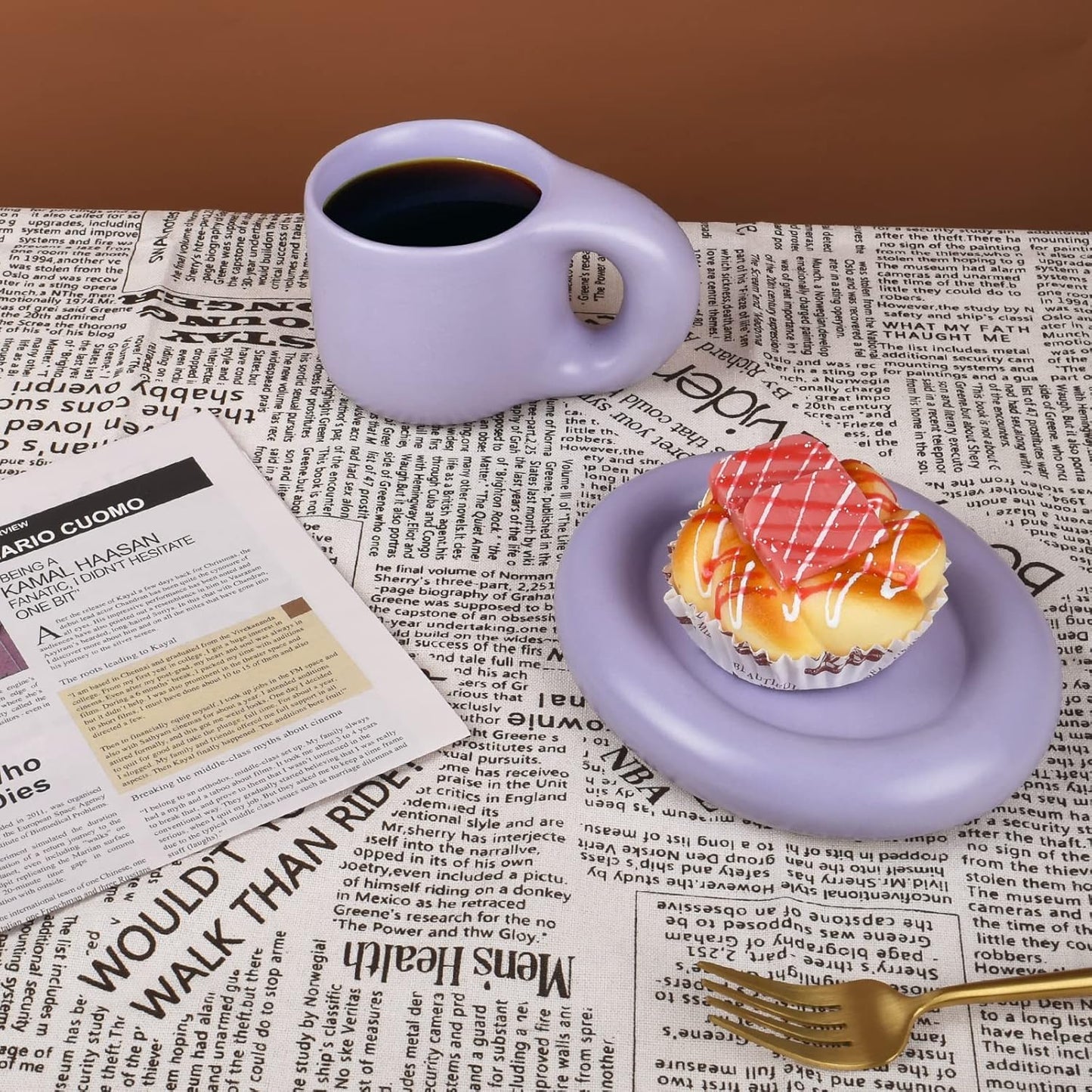 Koythin Ceramic Coffee Chubby Mug Saucer Set, Creative Cute Fat Handle Cup with Saucer for Office and Home, Dishwasher and Microwave Safe, 10 oz for Latte Tea Milk (Light Purple)