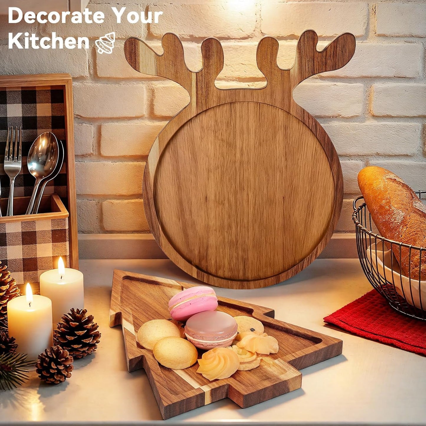 2 Pcs Christmas Charcuterie Boards, Antler & Christmas Tree Wooden Cutting Board with Handle, Acacia Wood Serving Tray for Cheese Fruit Bread Salad Vegetables Snack Dessert