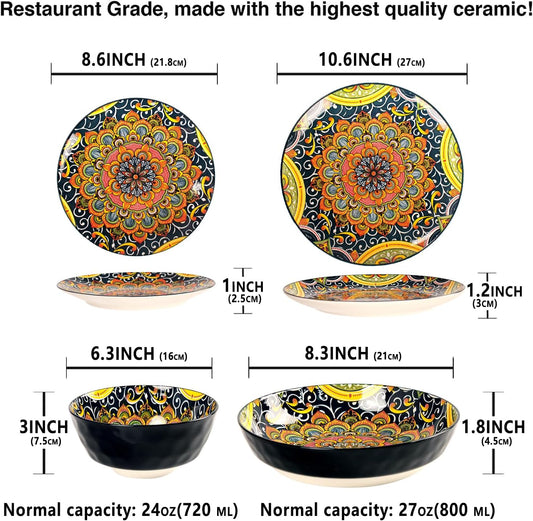 Mandala Dinnerware Sets, Plates and Bowls Set, Porcelain Dishes (16 Pieces) Service for 4, Zanzibar, Bohemian Style Dining Ware, for Kitchen and Dining Multicolor Dinnerware Set, Black